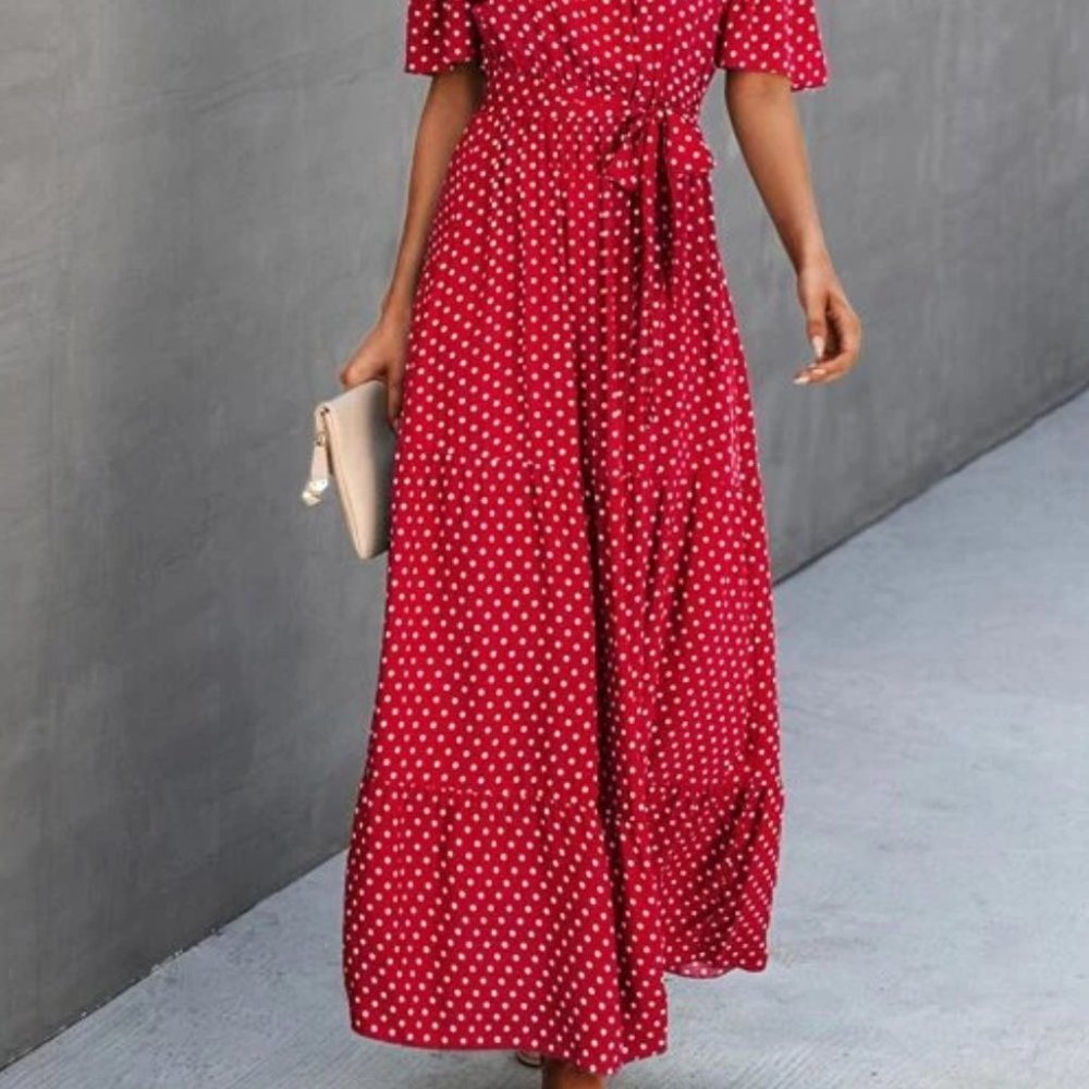 Boho polka-dot shoulder ruffle maxi dress red - Picture 6 of 6
